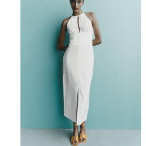 NWT ZARA HALTER DRESS WITH FRONT OPENING. SLIT AT HEM WHITE